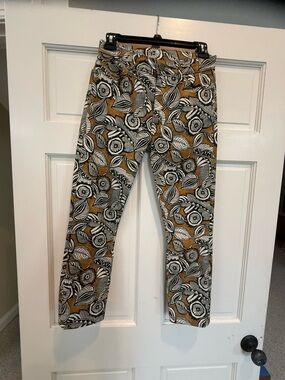 LOFT Mustard Yellow Floral Leaf Print Slim Pants